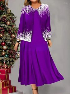 Robes décontractées Impression de Noël 2 pièces Ensemble de robe pour femmes Patchwork Design O-Cou sans manches Taille moyenne A-Line Manteau à manches longues