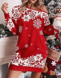 Robes décontractées Robe imprimée de Noël pour femme imprimé à l'épaule diagonale imprimée 2024 Automne et hiver pour femmes vêtements féminins