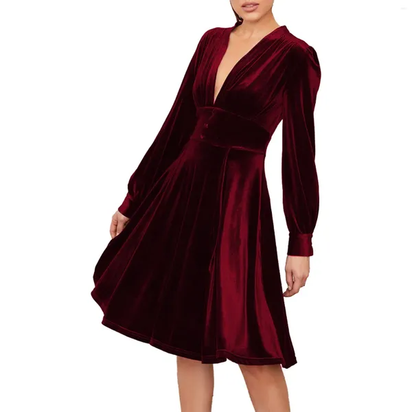 Robes décontractées Noël imprimé robe de velours doré rouge avec ceinture soirée pour femmes vêtements femme