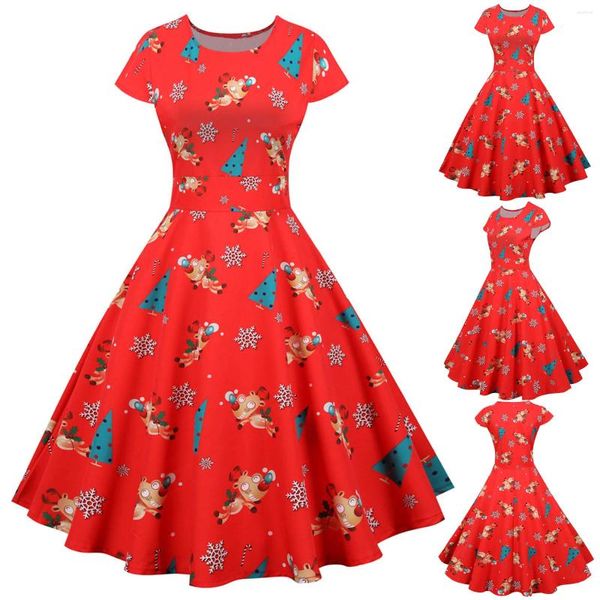 Vestidos casuales Navidad Impreso para mujer Vintage Manga corta 1950 Ama de casa Fiesta de noche Vestido de fiesta Mujer Ropa