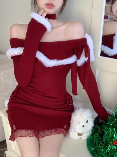 Robes décontractées Noël rouge sexy élégant une pièce robe femmes épaule douce vintage mince mini femme dentelle rétro chic 2024