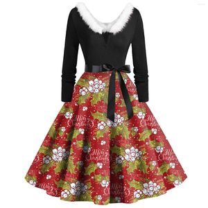 Robes décontractées Robe Rockabilly de Noël Femmes Slim Collier de fourrure Santa Claus Imprimer Manches longues Soirée Swing Élégant Party Robes