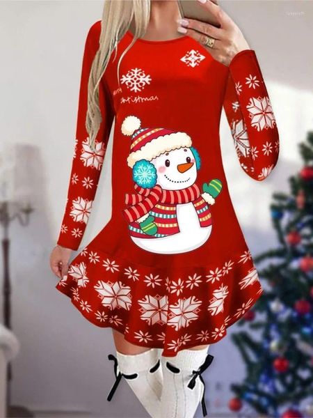 Robes décontractées Noël Snowflake Imprimer Robe Femmes Automne Hiver Manches longues O Col Black Green Line une ligne Robe Femme 2024