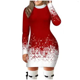 Vestidos casuales Navidad copo de nieve vestido impreso ropa de mujer de manga larga cuello redondo fiesta de navidad bodycon elegante mini