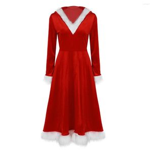 Robes décontractées Robe de velours doux de Noël Père Noël Col en V à manches longues à capuche Vêtements de Noël Costume de l'année adulte en peluche chaude plissée