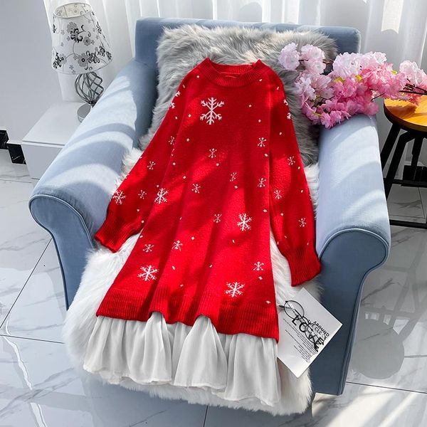 Vestidos casuales Suéter de Navidad Vestido Mujer Gran tamaño Copo de nieve Jacquard Tejido Jersey Rojo Prendas de punto Suelto Invierno