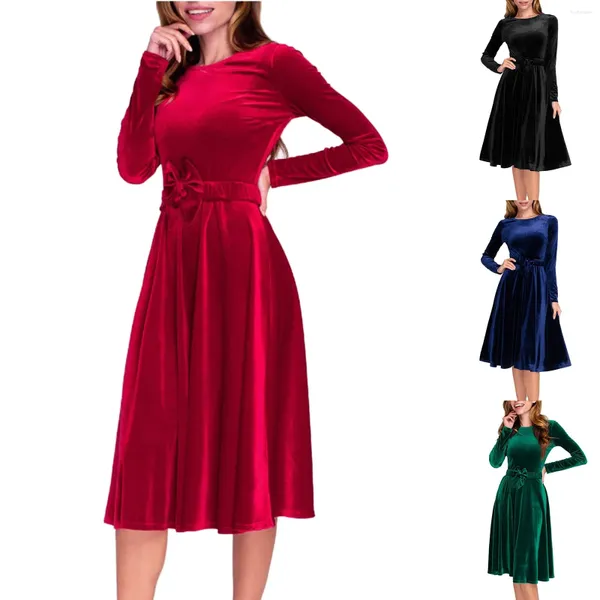 Robes décontractées Robe de velours de Noël à manches longues rouge doré avec ceinture soirée pour femmes sous-couche Ropa de Mujer