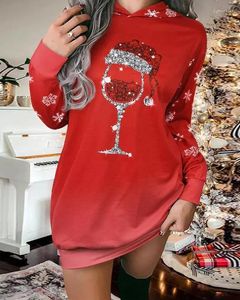 Casual jurken Kerstmis dames 2023 herfst mode sneeuwvlok wijn glazen print lange mouw met kap mini sweatshirt jurk met capuchon