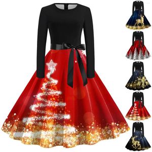 Robes décontractées Femmes de Noël Robe élégante Vintage Fête de Noël avec ceinture Robe de soirée à manches longues Robe Femmes Swing Vestidos