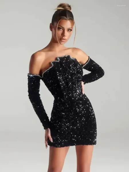 Casual Jurken Kerst Vrouwen Luxe Sexy Off Schouder Mesh Pailletten Zwarte Diamanten Bodycon Jurken Jurk Elegante Avondfeest Club