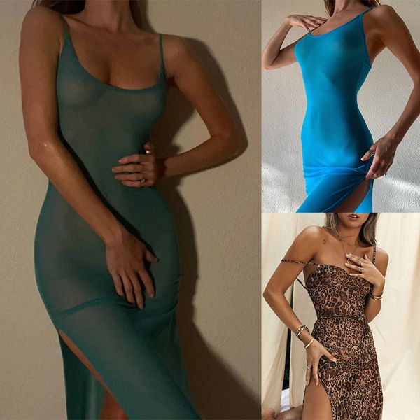 Vestidos casuales Ver a través de malla Vestido largo maxi Mujeres Sexy Correa High Split Club Party Beach Summer Backless Vestidos