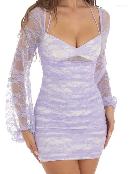 Robes décontractées Chronstyle Femmes Bodycon Mini Robe Dentelle Ruchée Mesh See-Through Manches Longues Mode Tie-Up Halter Dos Nu Party Robes