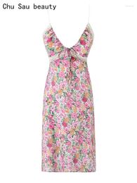 Vestidos casuales Chu Sau Belleza 2024 Mujeres Moda Dulce Estampado floral Gasa Mini vestido Sexy con cuello en V delgado sin espalda Chic encaje súper corto