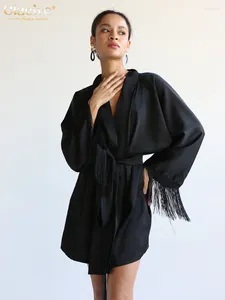 Casual Jurken Clacive Elegant Zwart Satijn Voor Vrouwen 2024 Herfst Mode Losse V-hals Lange Mouwen Lace-Up Kwastje Gesplitste Mini-jurk