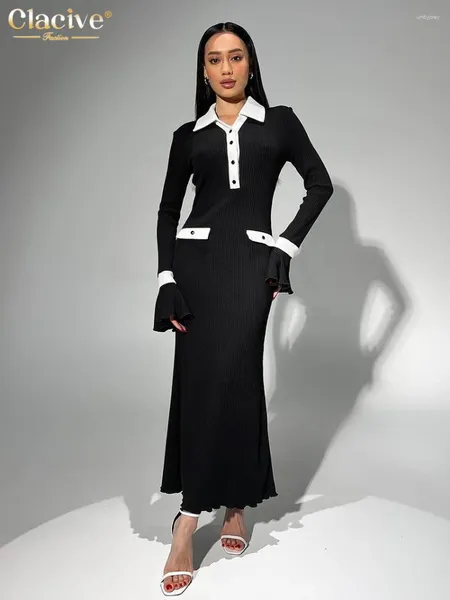 Robes décontractées Clacive Mode Noir Tricoté Robe Femme 2024 Moulante Revers Manches Longues Longueur Cheville Élégant Classique Femme