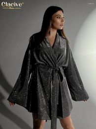 Robes décontractées Clacive Mode Lâche Gris Glitter Femmes 2024 Revers À Manches Longues Mini Robe Élégante Simple À Lacets Femme