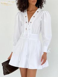 Vestidos casuales Clacive moda vestido blanco delgado verano cuello en V manga tres cuartos Mini elegante con cordones Oficina para mujeres 2023