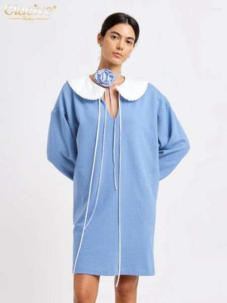 Robes décontractées robe femme bleue en vrac en vrac 2024 collier de poupée de mode mini mange midi élégant à lacets classiques