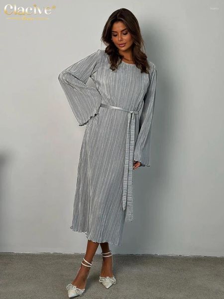 Robes décontractées des femmes plissées gris clôtures habillées 2024 Fashion O-cou à manches longues MIDI Elegant Classic Lace-Up Femme