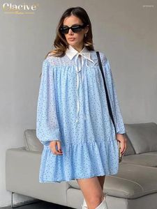 Casual jurken Clacive Loose Print Women Dress 2024 Fashion Rapel Lange Mouw Mini Elegante klassieke veter geplooide vrouw