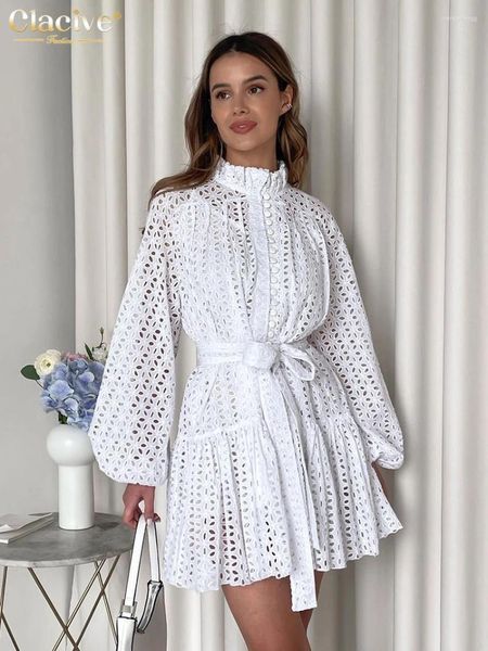 Robes décontractées Clacive robe en coton blanc dames mode col montant manches bouffantes mini élégant classique à lacets pour les femmes