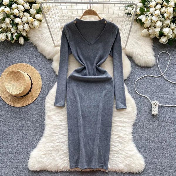 Vestidos casuales Chica clásica Vestido largo Otoño e invierno Primavera Hollow Out Tight Split Knit Bodycon Gris