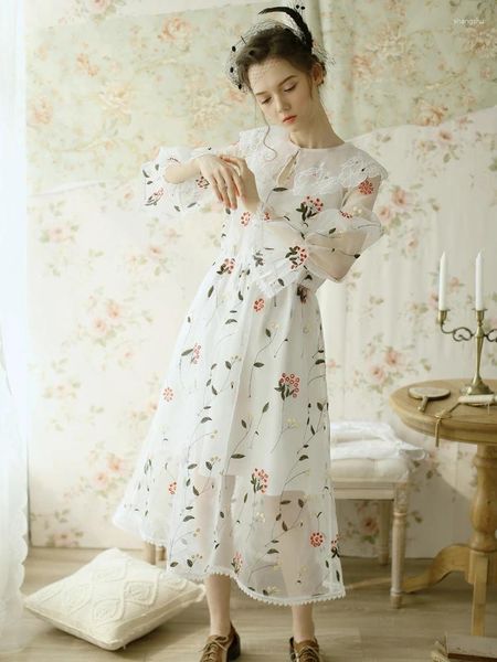 Robes décontractées Liquidation LYNETTE'S CHINOISERIE Printemps Automne Femmes Mignon Organza Slim Fleur Broderie