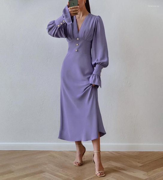 Robes décontractées Clinkly lanterne manches femme robe de soirée élégante luxe col en v longue bureau dames froncé perle bouton midi