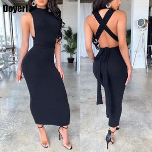 Vestidos casuales Club Party Vestido sexy Mujeres Wrap Backless Vendaje Bodycon Otoño Sin mangas Volver Hollow Out Slim Sheath Black