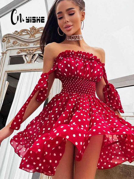 Vestidos casuales Cnyishe Sweet Boho Vestido Sexy Lindo Red Polka Dot Imprimir Verano Sundress Mujeres Vestido Ruched Robes Femme Party Off Hombro Vestidos G230322