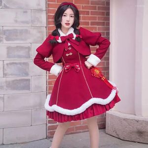 Vestidos casuales de carbón lolita ropa navideña bata de piel roja abrigo otoño e invierno falda versátil gruesa