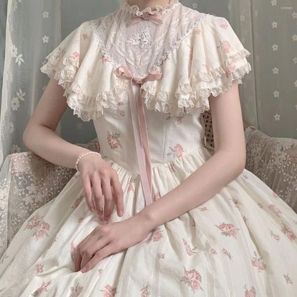 Vestidos casuales Patrón de rosa de carbón francés dulce lolita vestido exquisito cuello de encaje mujeres hadas de hadas princesa princesa vestida de una pieza