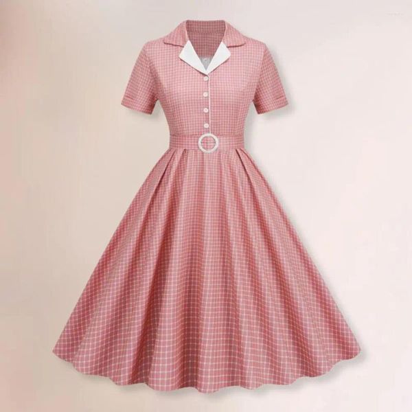 Vestidos informales Vestidos de cóctel elegante estampado a cuadros A-línea Midi con cuello con cintura con cintura para la fiesta de graduación de mujeres Banquete retro retro