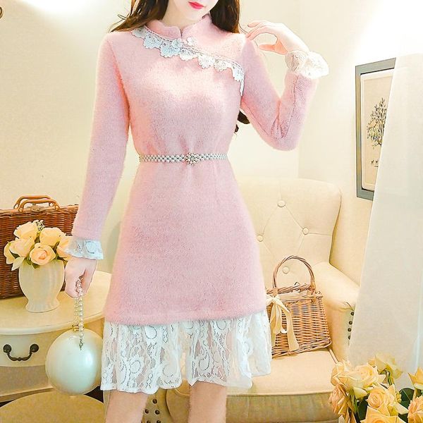Vestidos Casuales COIGARSAM Vestido de Mujer Add Wool Upset Pink Blue 7609