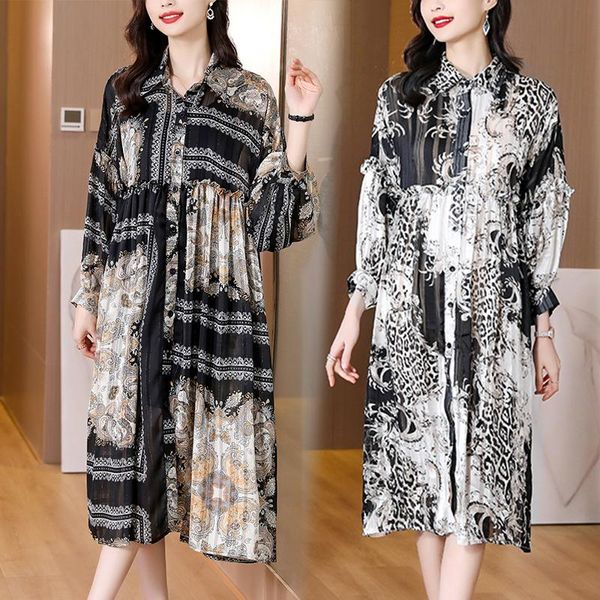 Robes décontractées COIGARSAM femmes robe longue printemps imprimé en mousseline de soie lâche lanterne manches point ouvert noir blanc goutte