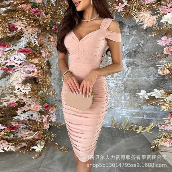 Robes décontractées épaule froide robe de fête ruée élégante femme v cou de coude haut de taille plies mince bodycon soirée y2k chic robe de bal chic