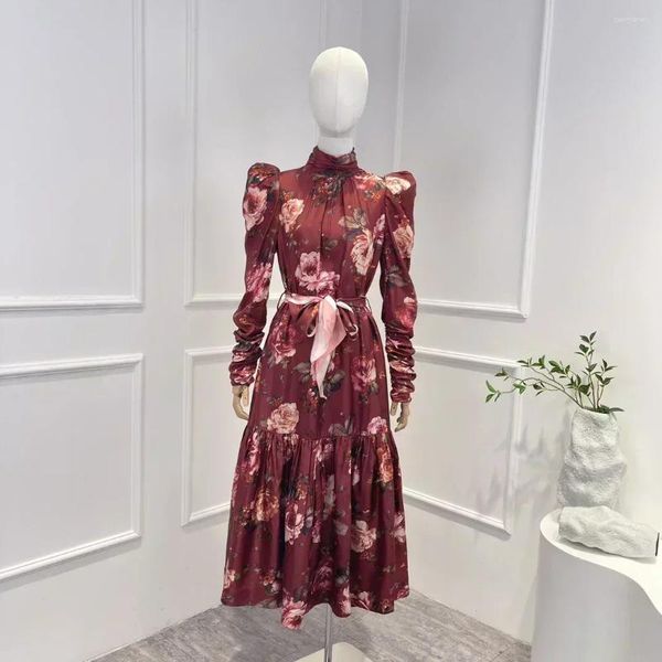Colección de vestidos casuales Vestido midi de retales plisado elegante floral de seda de alta calidad para mujer