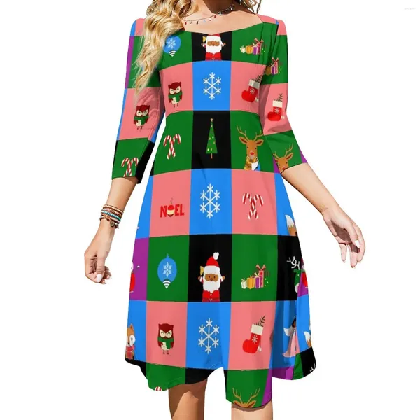 Vestidos casuales ColorBlock Check Vestido Mujer Navidad Impresión Calle Moda Bonita con arco Verano Ropa de gran tamaño