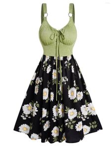 Robes décontractées Colorblock Daisy Leaf Print Mini Dress Lace Up O Ring Strap High Waist