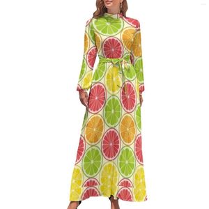 Robes décontractées coloré adorable robe de citron agrumes kawaii personnalisé maxi taille haute manches longues rue mode bohême