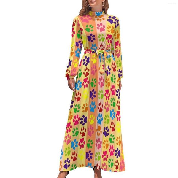 Robes décontractées Robe de pattes de chien colorées Imprimé rayé Plage Femmes Manches longues Col haut Vintage Maxi