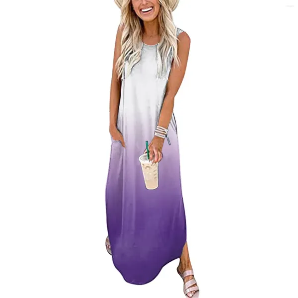 Vestidos informales Coloridos atuendos de verano con estampado para mujeres Flower Sundress Sleeveless Beach Long Maxi Femme Bande