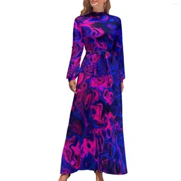 Casual jurken kleurrijke vloeibare jurk abstract marmer ontwerp straat mode boho strand vrouw lange mouw hoge nek sexy maxi