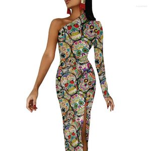 Vestidos casuales Colorido esqueleto lado dividido bodycon vestido mujer azúcar calaveras estampado floral bonito maxi verano manga larga vestidos de fiesta casual