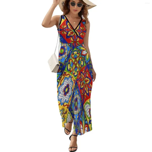 Robes décontractées colorées Talavera Mexican Tiles Match (34) Robe vintage maxi street style bohême