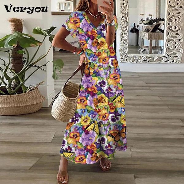 Robes décontractées Floral coloré pour femmes Mode V-Col Robe longue Femme A-Line Slit Summer Manches courtes Vêtements