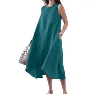 Vestidos casuales Cómodo algodón lino color sólido vestido mujeres verano tamaño grande doble bolsillo sin mangas elegante estilo minimalista femenino