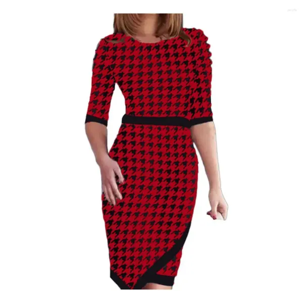 Vestidos informales Vestido midi de viaje Elegante hasta la rodilla con dobladillo dividido irregular Color impreso a juego para mujeres Slim Fit Cuello redondo