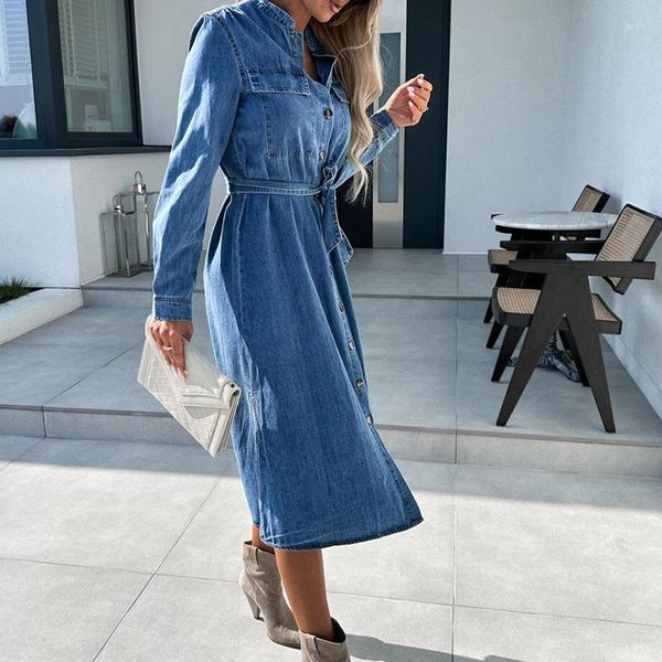 Robes décontractées banlieue dame élégante robe en denim solide printemps col montant bouton à lacets longue automne manches fendues femmes fête