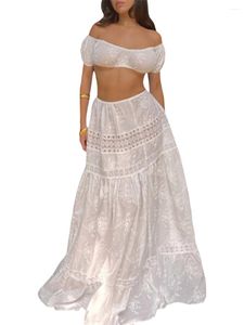 Casual Dresses Conjunto De 2 Piezas Para Mujer Falda Larga Con Hombros Descubiertos Y Cintura Alta Blanco S